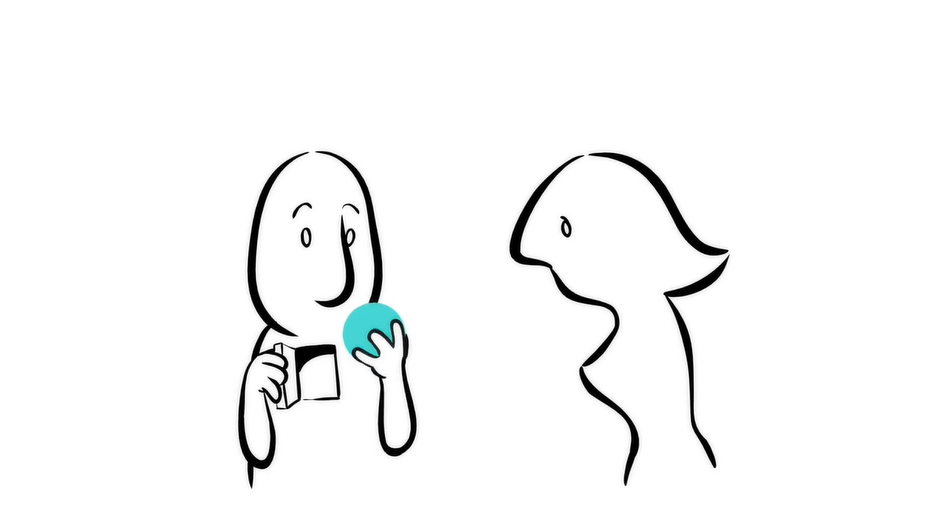Black and white line drawing of a man and woman looking at a small blue object the man is holding